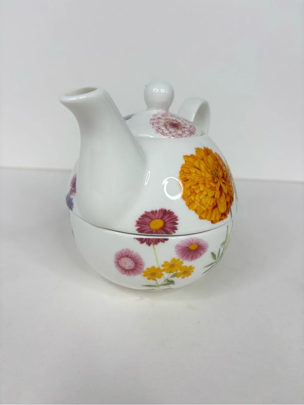 Gracie China Floral Ceramic Tea for One Set with Yellow Marigold Motif Pot & Cup